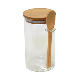 Frasco de vidrio con tapa y cuchara de madera