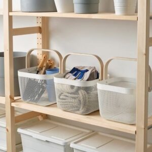Cesto/canasto multiuso con asa de madera color Beige