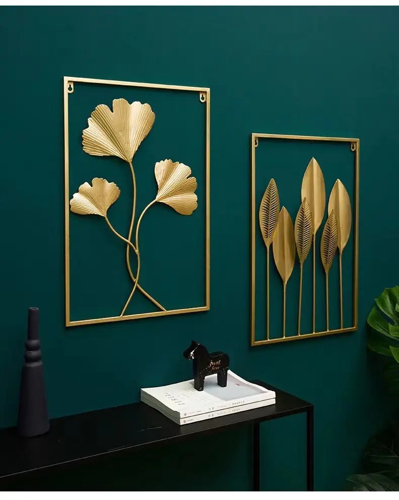 Set De 3 Cuadros Decorativos De Metal Dorado - Diseño Hojas - Imagen 3
