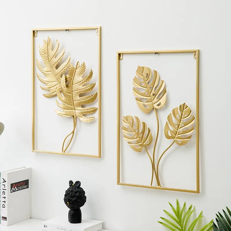 Set De 3 Cuadros Decorativos De Metal Dorado - Diseño Hojas - Imagen 8